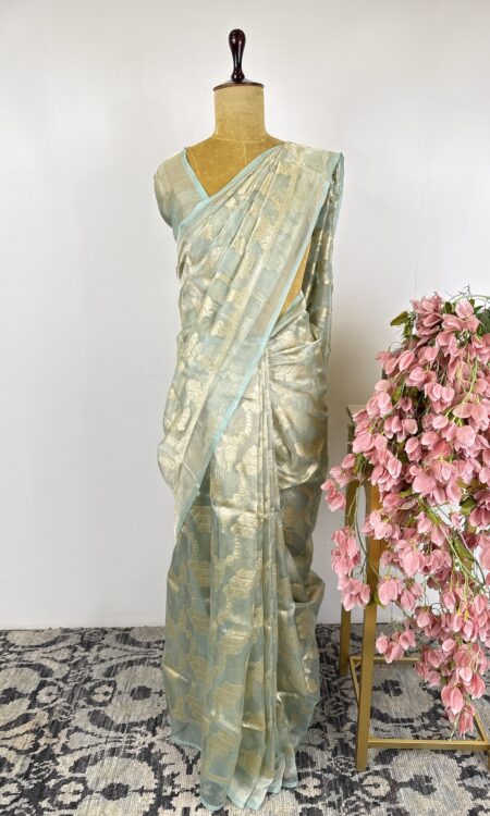 Sky blue colour Kora Banarasi saree