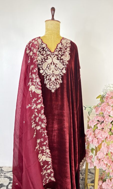 Maroon colour welvet semi stitched suit