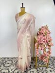 Pink white organza saree