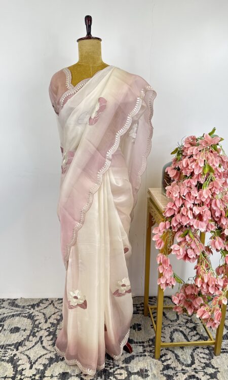 Pink white organza saree