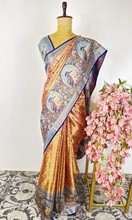 Orange gold Kanchi tissue saree