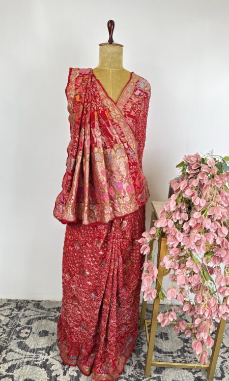 Red colour radha Krishna bandhani saree
