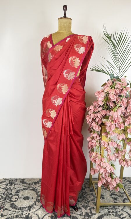Red colour raw mango saree