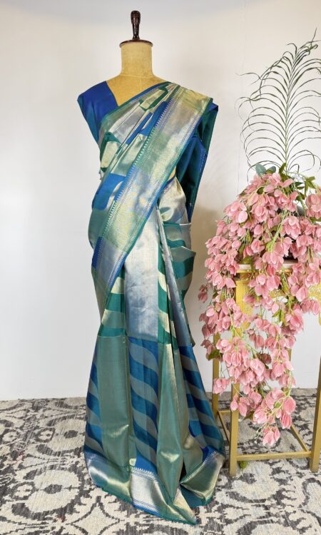 Peacock blue colour kanchi saree