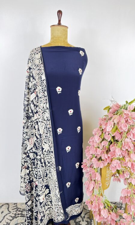 Navy blue colour Parsi gara unstitched suit