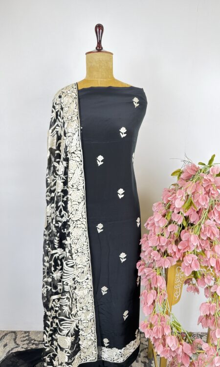 Black colour Parsi gara unstitched suit