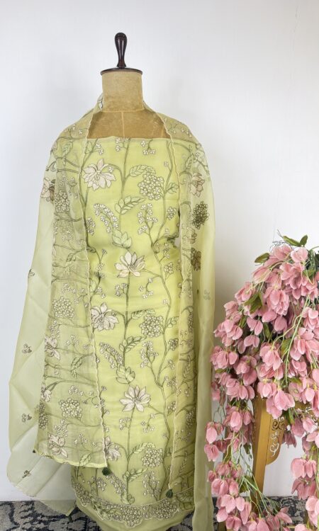 Pista green organza unstitched suit