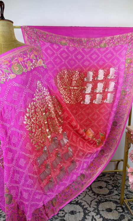 Pink to peach colour Shrinath ji bandhani dupatta