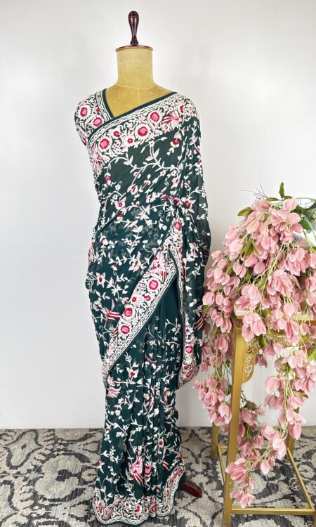 Bottle green colour Parsi-gara saree