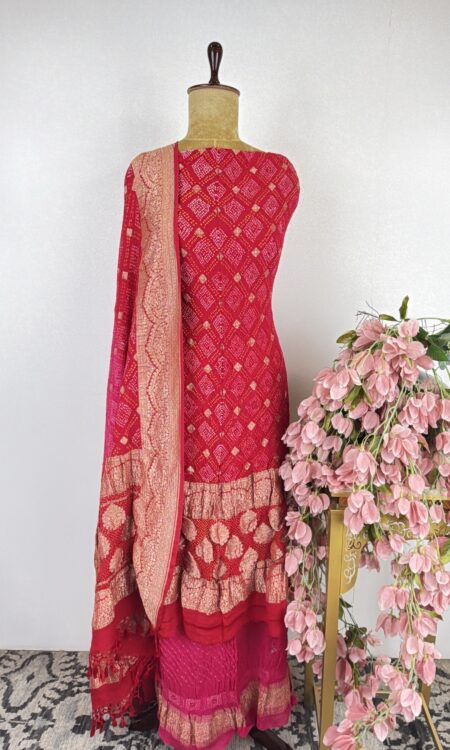 Red colour Bandhani unstitched suit