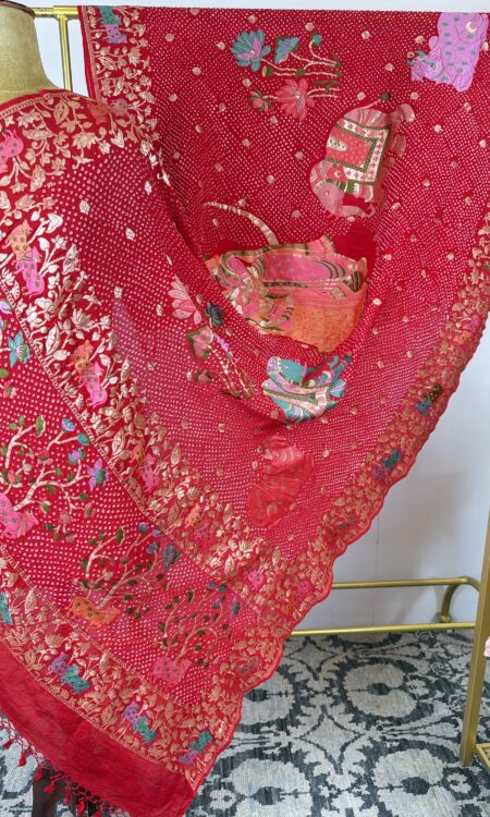 Red colour Radha Krishna bandhani dupatta