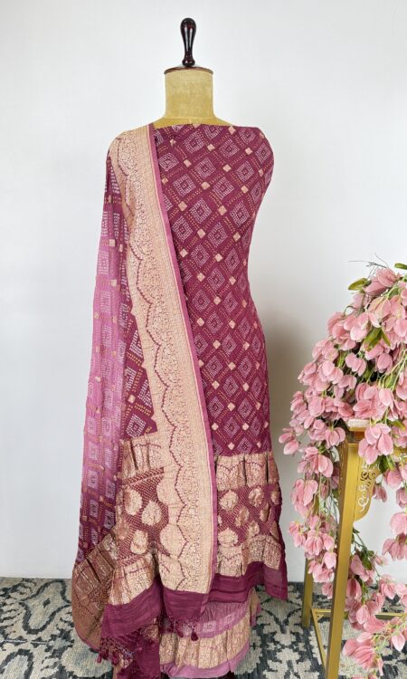 Onion pink colour bandhani unstitched suit