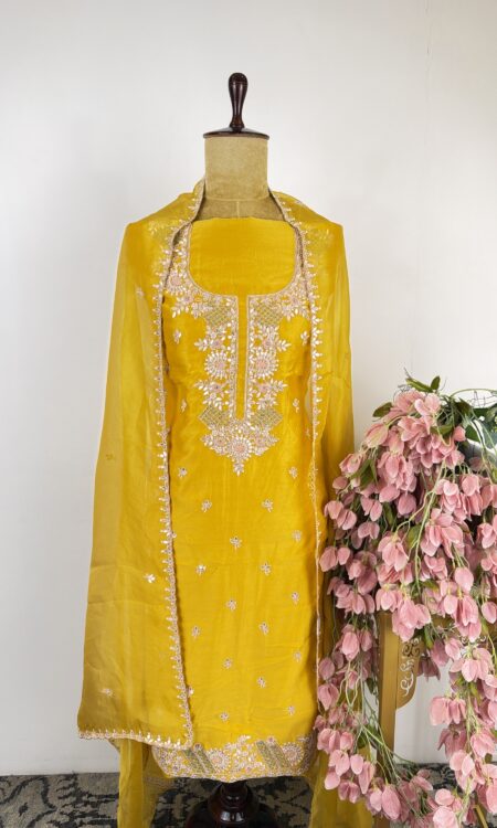 Yellow Chanderi unstitched suit