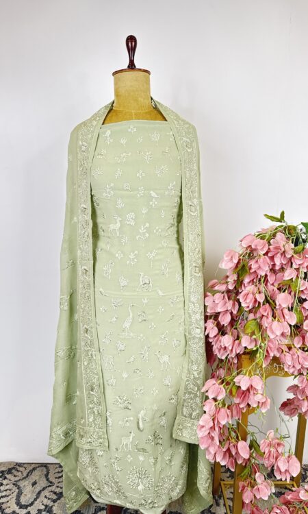 Pista green colour Georgette unstitched suit