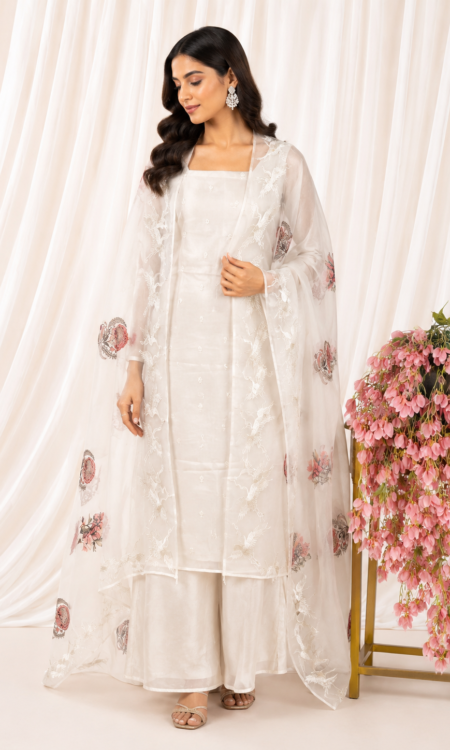 White colour organza unstitched suit