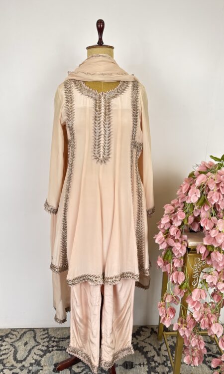 Powder pink colour short Anarkali suit