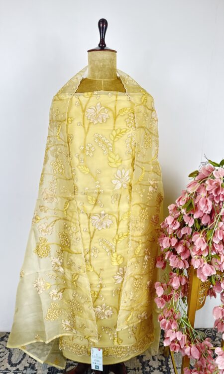 Yellow organza unstitched suit
