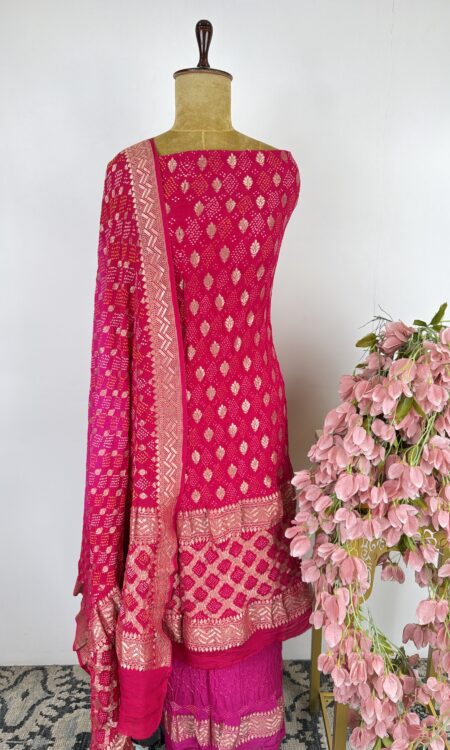 Hot pink colour bandhani unstitched suit