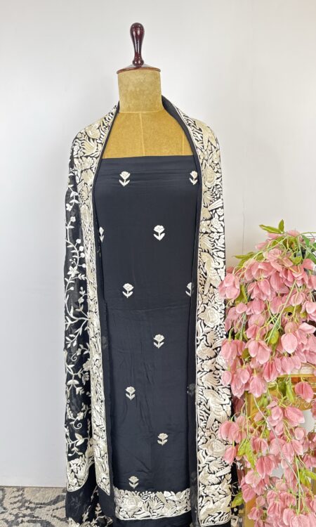 Black colour Parsi gara unstitched suit