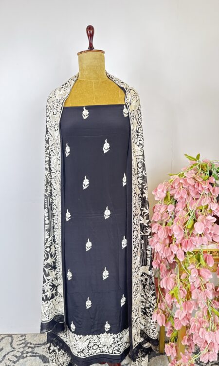 Black colour Parsi gara unstitched suit
