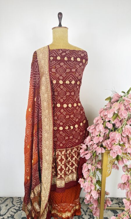 Brown colour bandhani unstitched suit
