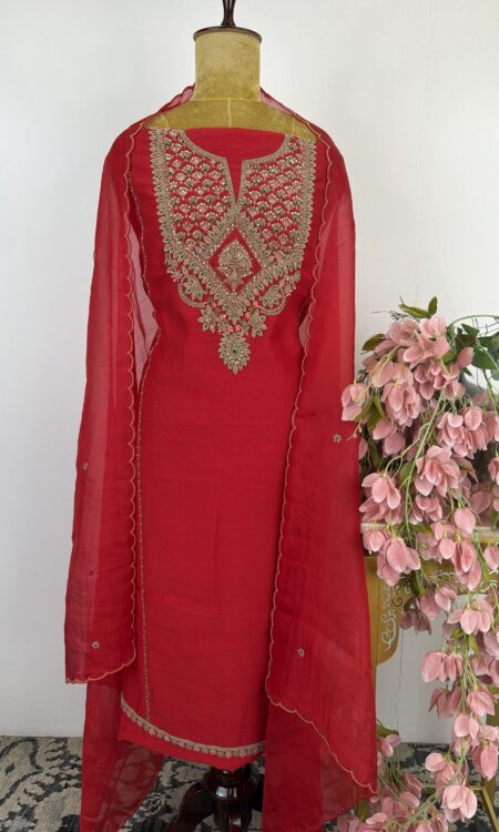 Red Chanderi unstitched  suit