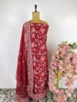 Deep red colour Parsi gara(machine done)organza unstitched suit
