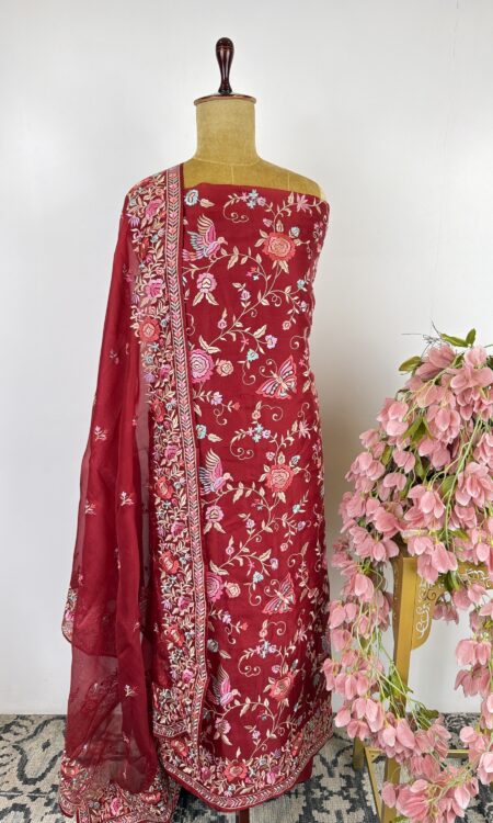Deep red colour Parsi gara(machine done)organza unstitched suit