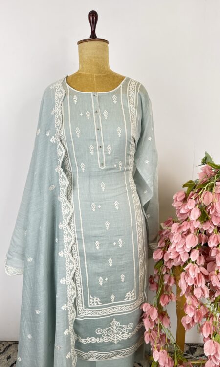 Ice blue colour semi stitched suit