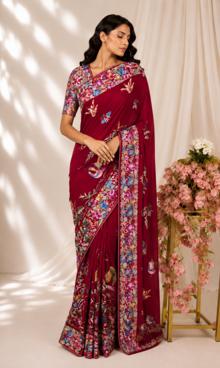 Red Crepe parsi gara saree