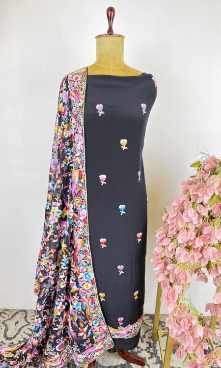 Black colour Parsi gara unstitched suit