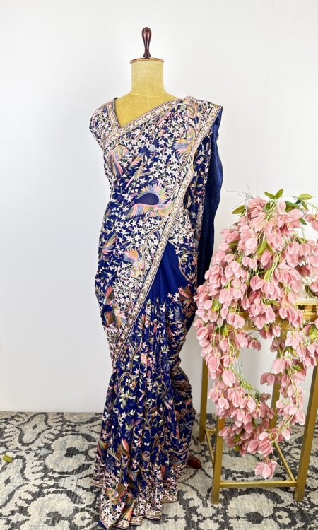 Ink blue colour Parsi-gara saree