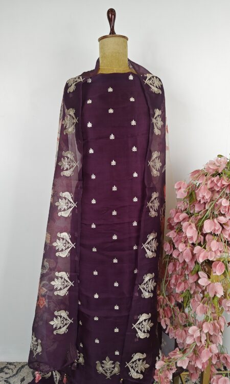 Purple organza unstitched suit