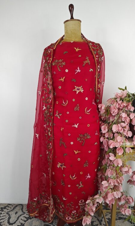 Red organza unstitched suit