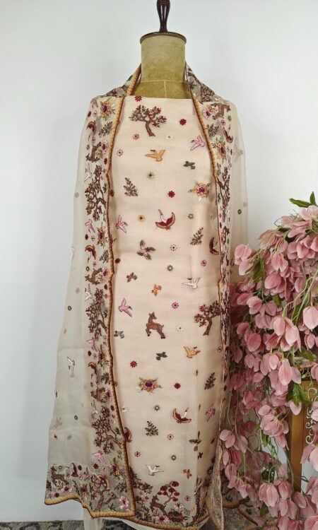 Beige organza unstitched suit
