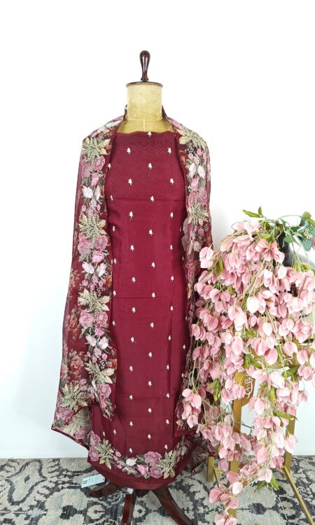 Maroon colour organza unstitched suit