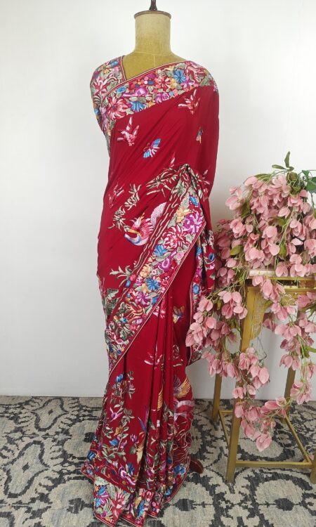 Red Crepe parsi gara saree