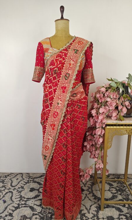 Red bandhani pre drape saree