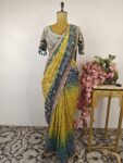 Blue-green pre drape saree with stitched blouse