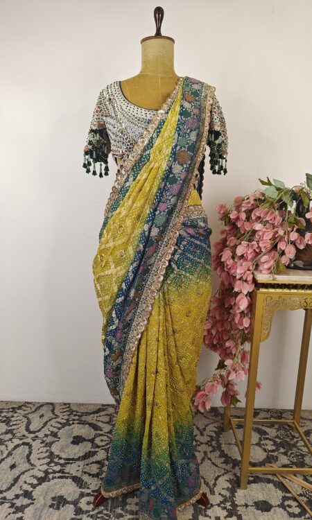 Blue-green pre drape saree with stitched blouse