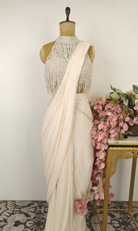 White pre drape saree with stitched blouse