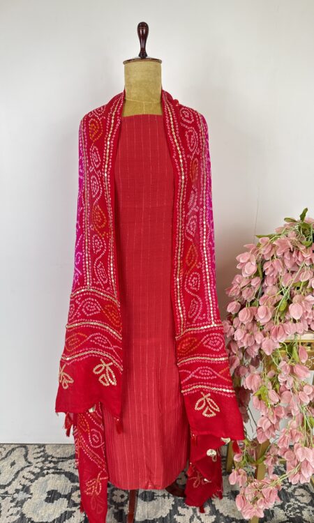 Red colour Chanderi unstitched suit