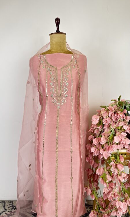 Powder pink colour Chanderi unstitched suit