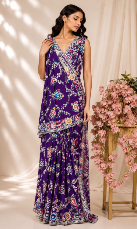 Purple colour parsi-gara saree