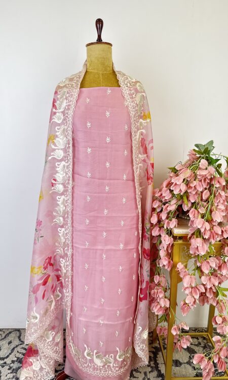 Light pink colour organza unstitched suit