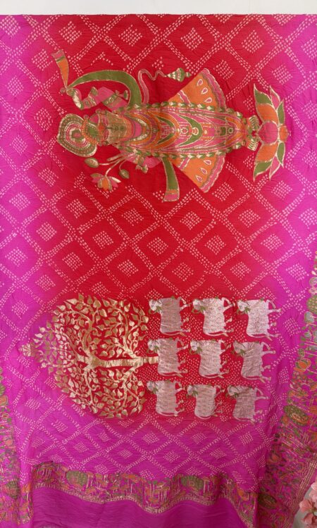 Pink to peach colour Shrinath ji bandhani dupatta