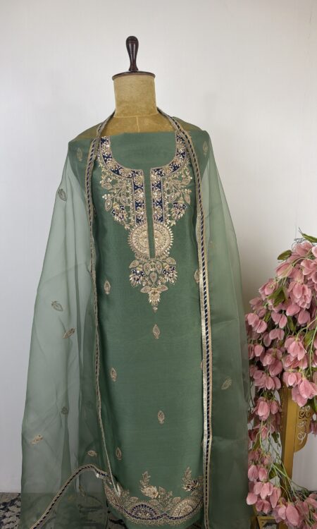Green Chanderi unstitched suit