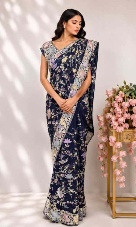 Blue georgette parsi gara saree