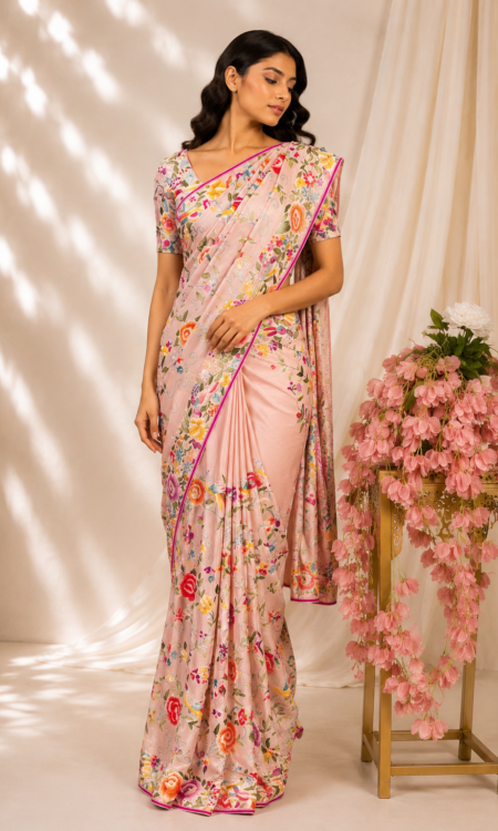 Peach colour  Parsi-gara saree