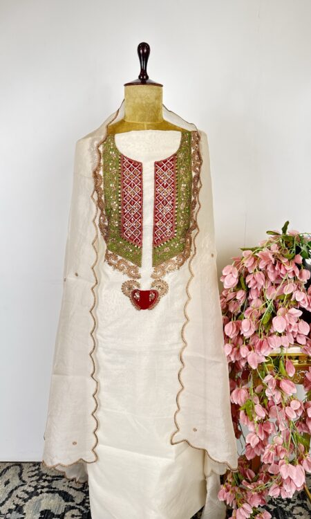 White colour Chanderi unstitched suit